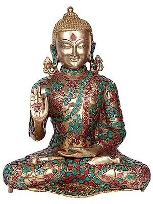 12" Blessing Lord Buddha Embellished with Inlay In Brass | Handmade | Made In India