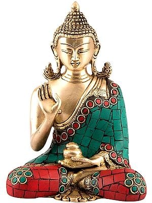 6" Blessing Lord Buddha Statue with Inlay in Brass | Handmade | Made in India