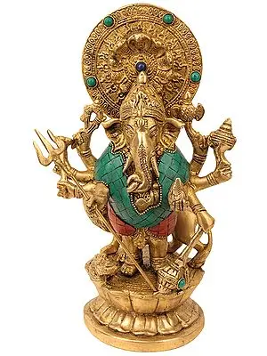 11" Standing Ganesha with Lion and Inlay In Brass | Handmade | Made In India