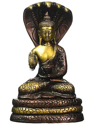 7" Tibetan Buddhist Blessing Buddha Under Serpent Muchalinda In Brass | Handmade | Made In India
