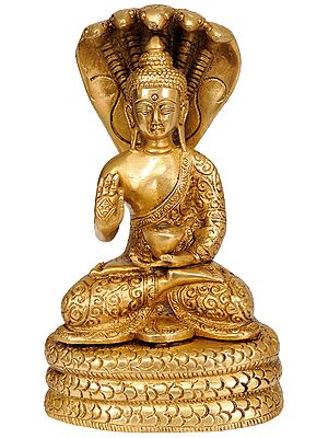 7" Tibetan Buddhist Blessing Buddha Brass Idol under Serpent Muchalinda