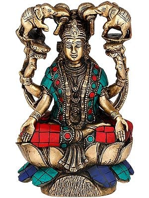 7" Goddess Lakshmi Seated on Lotus with Inlay In Brass | Handmade | Made In India