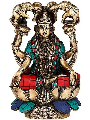 7" Goddess Lakshmi Statue Seated on Lotus with Inlay in Brass | Handmade | Made in India