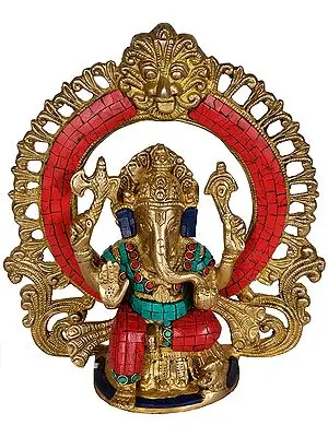 9" Blessing Ganesha Seated on a Chowki With Aureole In Brass | Handmade | Made In India
