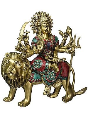 11" Goddess Durga Seated on Lion In Brass | Handmade | Made In India