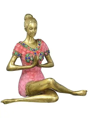 9" Namaste Yoga Lady Brass Idol with Inlay Work | Handcrafted Serenity Sculpture | Handmade