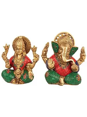 7" Lord Ganesha and Goddess Lakshmi Brass Statue with Inlay work | Handmade | Made in India