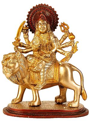 8" Goddess Durga Statue Seated on Lion in Brass | Handmade | Made in India