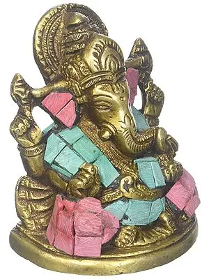 3" Blessing Ganesha with Inlay In Brass | Handmade | Made In India