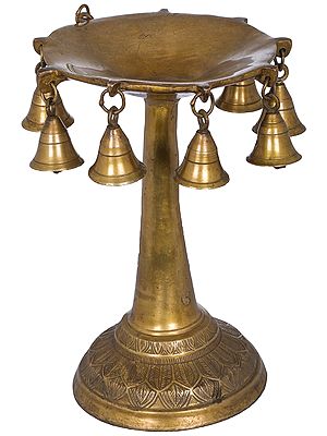 11" Butter Puja Lamp with Bells in Brass | Handmade | Made in India