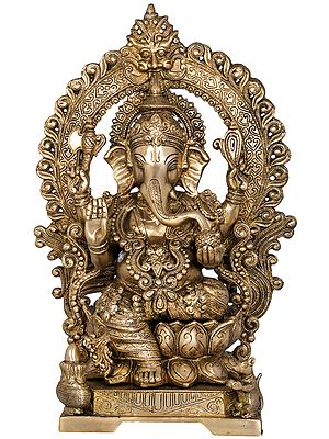 17" Lord Ganesha Seated on Lotus Seat With Kirtimukha Aureole In Brass | Handmade | Made In India