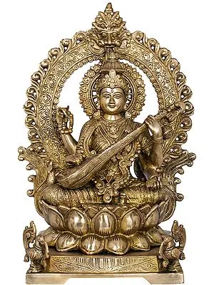 16" Goddess Saraswati Seated On Lotus Seat With Kirtimukha Aureole in Brass | Handmade | Made In India