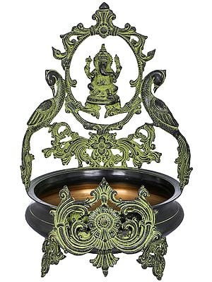 20" Ganesha Urli with Peacocks in Brass | Handmade | Made in India