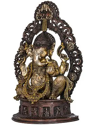 25" Ganesha Seated on Musicial Ganesha Base With Impressive Kirtimukha Aureole In Brass | Handmade | Made In India