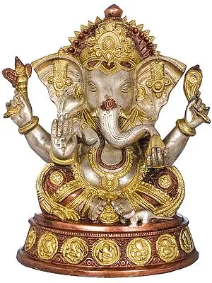 11" Ashirwad Ganesha Seated on Ashtaganesha Chowki In Brass | Handmade | Made In India