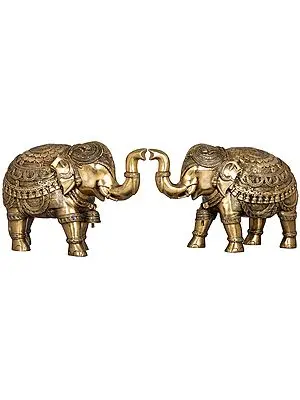 Temple Elephant Pair with Bells and Upraised Trunks (Supremely Auspicious According to Vastu)