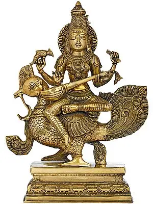 19" The Enchanting Devi Sarasvati Seated On Her Peacock In Brass | Handmade | Made In India