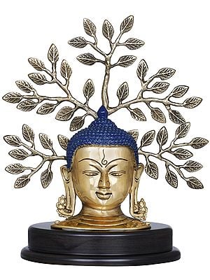 12" Lord Buddha Mask On a Wooden Base and Tree as a Backdrop In Brass | Handmade | Made In India