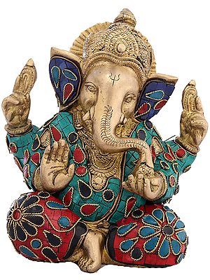 7" Lord Ganesha with Inlay In Brass | Handmade | Made In India