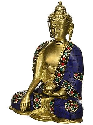 5" Brass Lord Buddha Statue in Bhumisparsha Mudra (Wearing Lapis Hued Robe) | Handmade