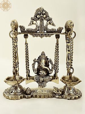 8" Brass Lord Ganesha Idol on Parrot Swing with Two Dangling Lamps | Handmade