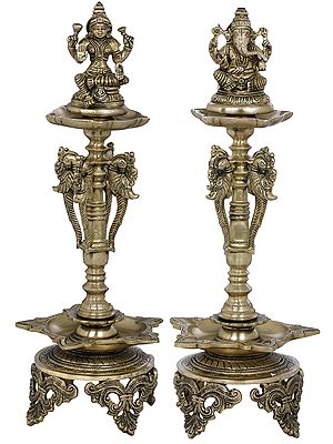 19" Lakshmi Ganesha Auspicious Lamps in Brass | Handmade | Made In India