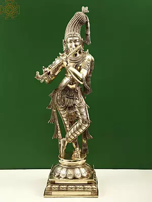 35" Superfine Standing Krishna with Fascinating Crown | Brass Statue | Handmade | Made In India