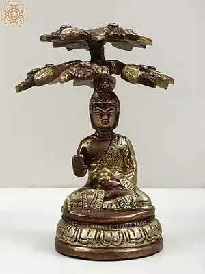 4" Tibetan Buddhist Lord Buddha Seated Under a Tree In Brass