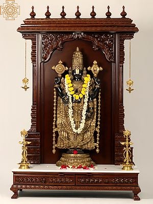 74" Super Large Tirupati Balaji in Wooden Frame Stand with Vaishnav Symbol Lamp | Teakwood Frame | LED Lights | Spotless White Marble Base | Balaji Mandir