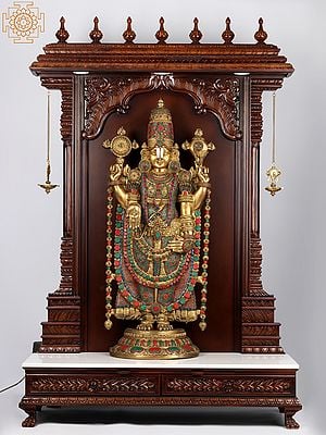 74" Super Large Tirupati Balaji in Wooden Frame Stand with Vaishnav Symbol Lamp | Teakwood Frame | Marble Base | Balaji Mandir