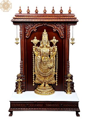 74" Super Large Tirupati Balaji in Wooden Frame Stand with Vaishnav Symbol Lamp | Teakwood Frame | Marble Base | Balaji Mandir