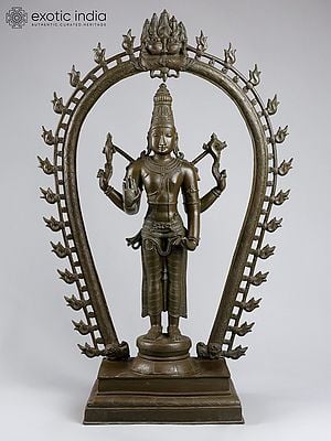 30" Standing Lord Vishnu with Kirtimukha Prabhavali | Madhuchista Vidhana (Lost-Wax) | Panchaloha Bronze from Swamimalai