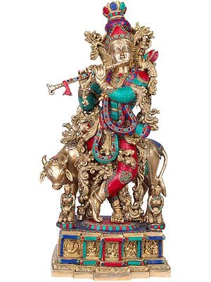 28" Murlidhar Krishna with His Cow In Brass | Handmade | Made In India