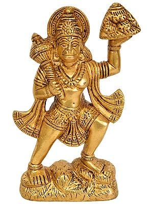 5" Lord Hanuman Idol Standing on Mountain | Handmade Brass Figurine | Made in India