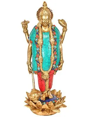 12" Standing Lord Vishnu on Blooming Lotus Pedestal In Brass | Handmade | Made In India
