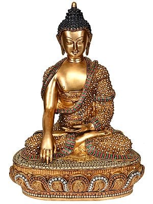 16" Beautifully Ornamented Lord Buddha in Bhumisparsha Mudra (Tibetan Buddhist) In Brass | Handmade | Made In India