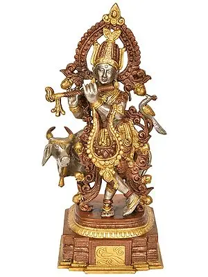 13" Krishna with Cow In Brass | Handmade | Made In India