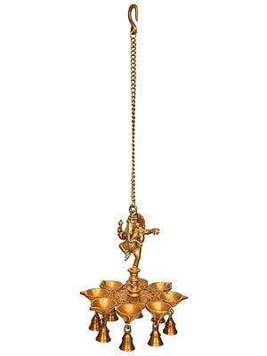 10" Dancing Ganesha Eight Wick Hanging Lamp In Brass | Handmade | Made In India