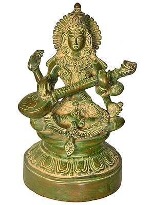 11" Goddess Saraswati Seated on Lotus Pedestal In Brass | Handmade | Made In India