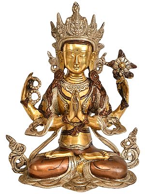 10" Chenrezig (Four Armed Avalokiteshvara Tibetan Buddhist Deity) In Brass | Handmade | Made In India