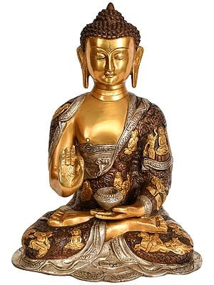 12" Lord Buddha Preaching His Dharma : Robe Carved with Life Scenes (Tibetan Buddhist) In Brass | Handmade | Made In India