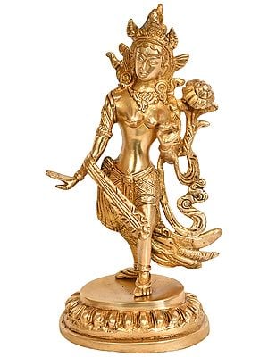8" Tibetan Buddhist Goddess Standing Tara In Brass | Handmade | Made In India