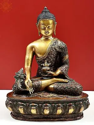13" Medicine Buddha : Robe Decorated with Vishwa Vajra (Tibetan Buddhist Deity) in Brass | Handmade | Made In India