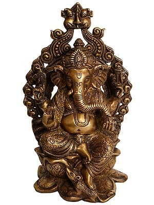 11" Lord Ganesha Seated on Lotus Throne In Brass | Handmade | Made In India