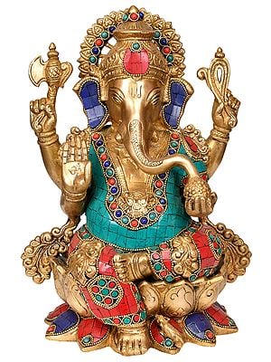 12" Ashirwad Ganesha Idol with Trishul Mark on Forehead | Handmade Brass Statue | Made in India