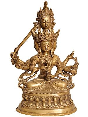 10" Buddhist Deity Four-Headed Manjushri (Maha Manjushri) Brass Idol | Handmade | Made in India