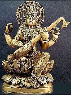 11" Goddess of Wisdom In Brass | Handmade | Made In India