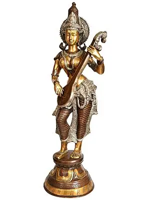28" Large Size Standing Goddess Saraswati In Brass | Handmade | Made In India