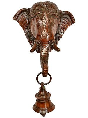 10" Lord Ganesha Wall Hanging Mask with Bell In Brass | Handmade | Made In India