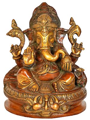 8" Ganesha Seated on Kirtimukha Chowki In Brass | Handmade | Made In India
